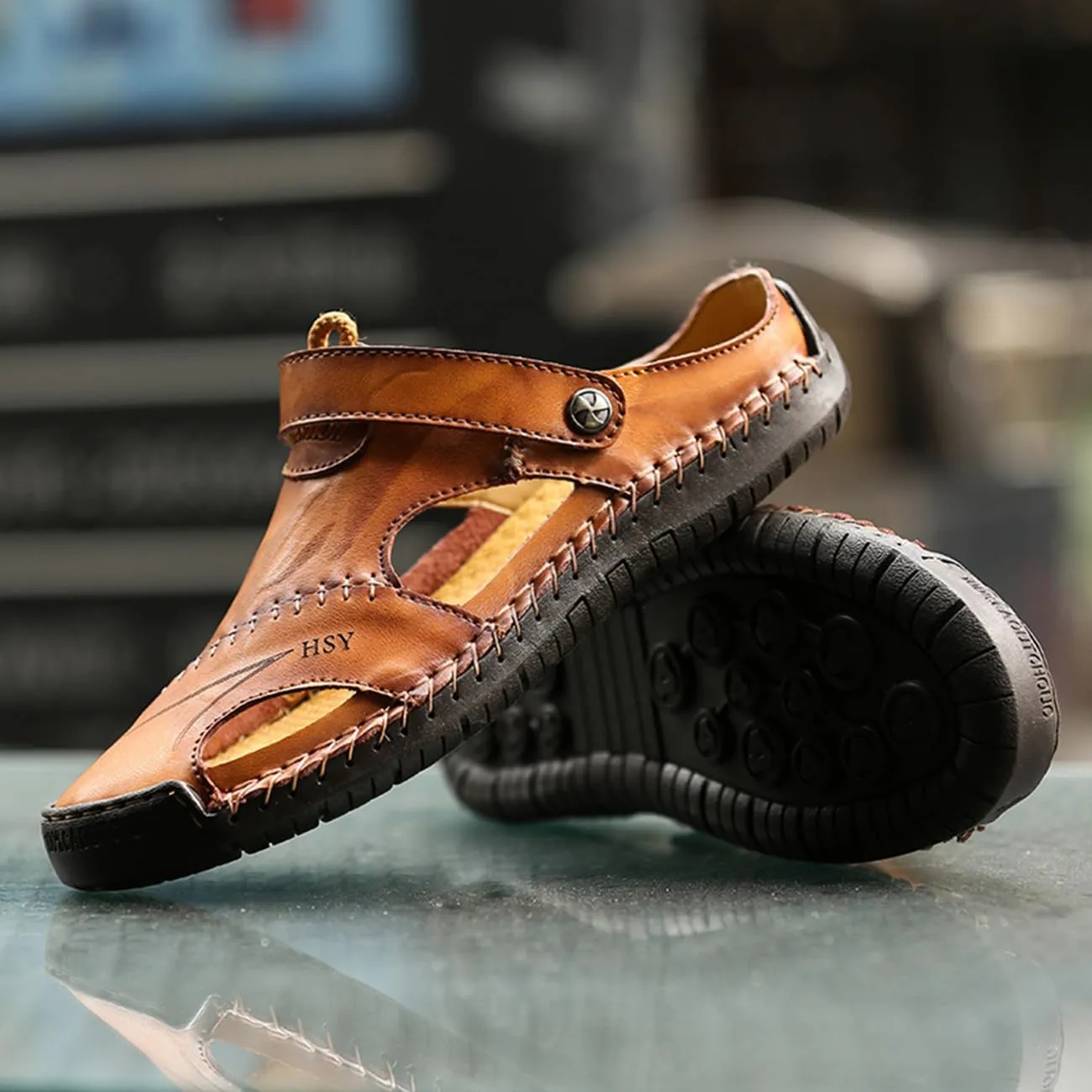 Men's Casual Leather Sandals Closed Toe Anti-Slip Flat Slide Beach Water Shoes for Summer Walking Hiking​​