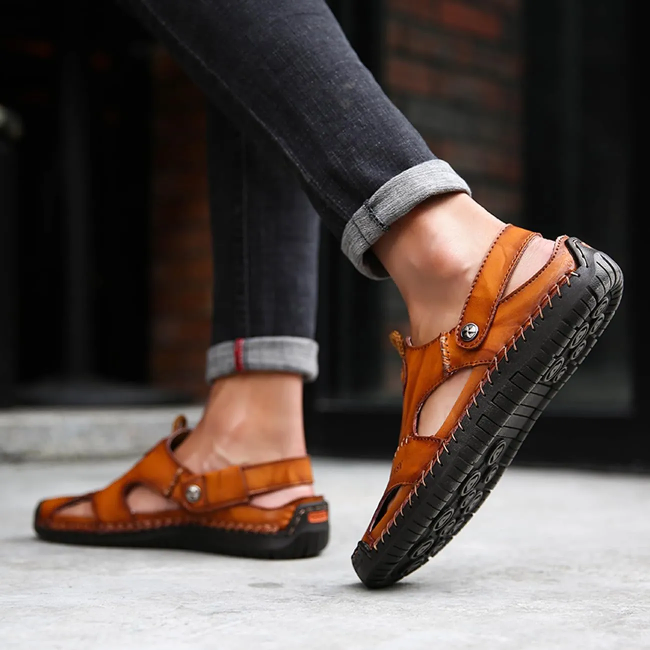 Men's Casual Leather Sandals Closed Toe Anti-Slip Flat Slide Beach Water Shoes for Summer Walking Hiking​​