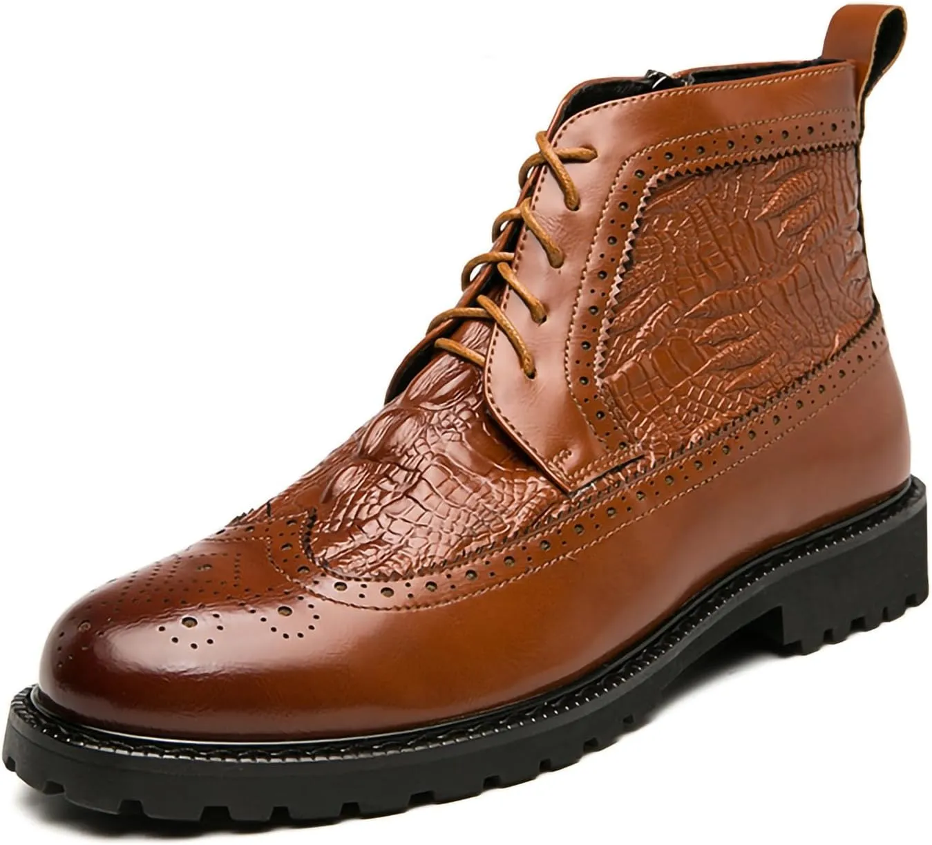 Men's Chukka Boots Side Zipper Brogue Wingtip Retro Dress Boots for Men Stylish Casual PU Leather Boot with Crocodile Pattern
