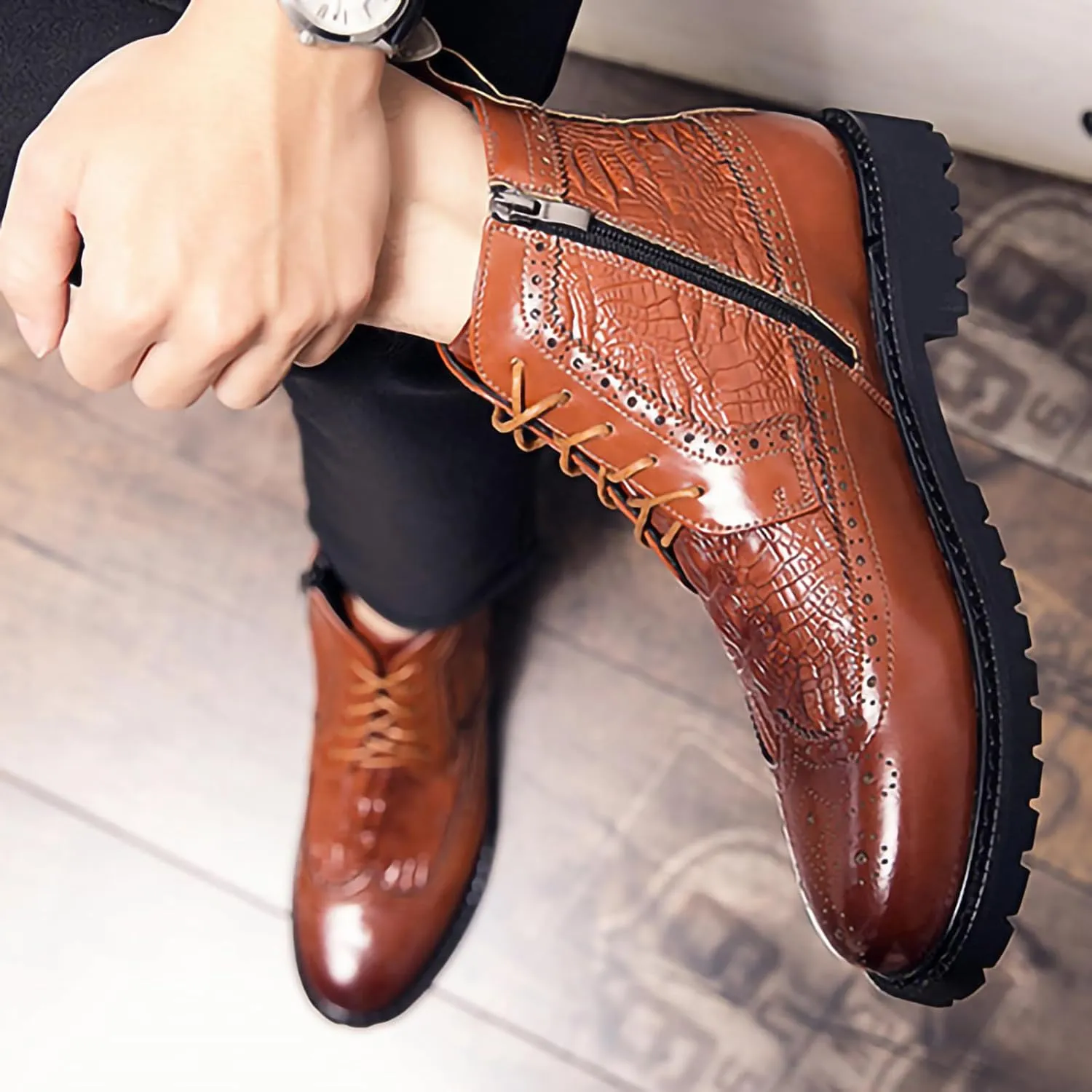 Men's Chukka Boots Side Zipper Brogue Wingtip Retro Dress Boots for Men Stylish Casual PU Leather Boot with Crocodile Pattern