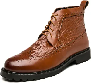 Men's Chukka Boots Side Zipper Brogue Wingtip Retro Dress Boots for Men Stylish Casual PU Leather Boot with Crocodile Pattern