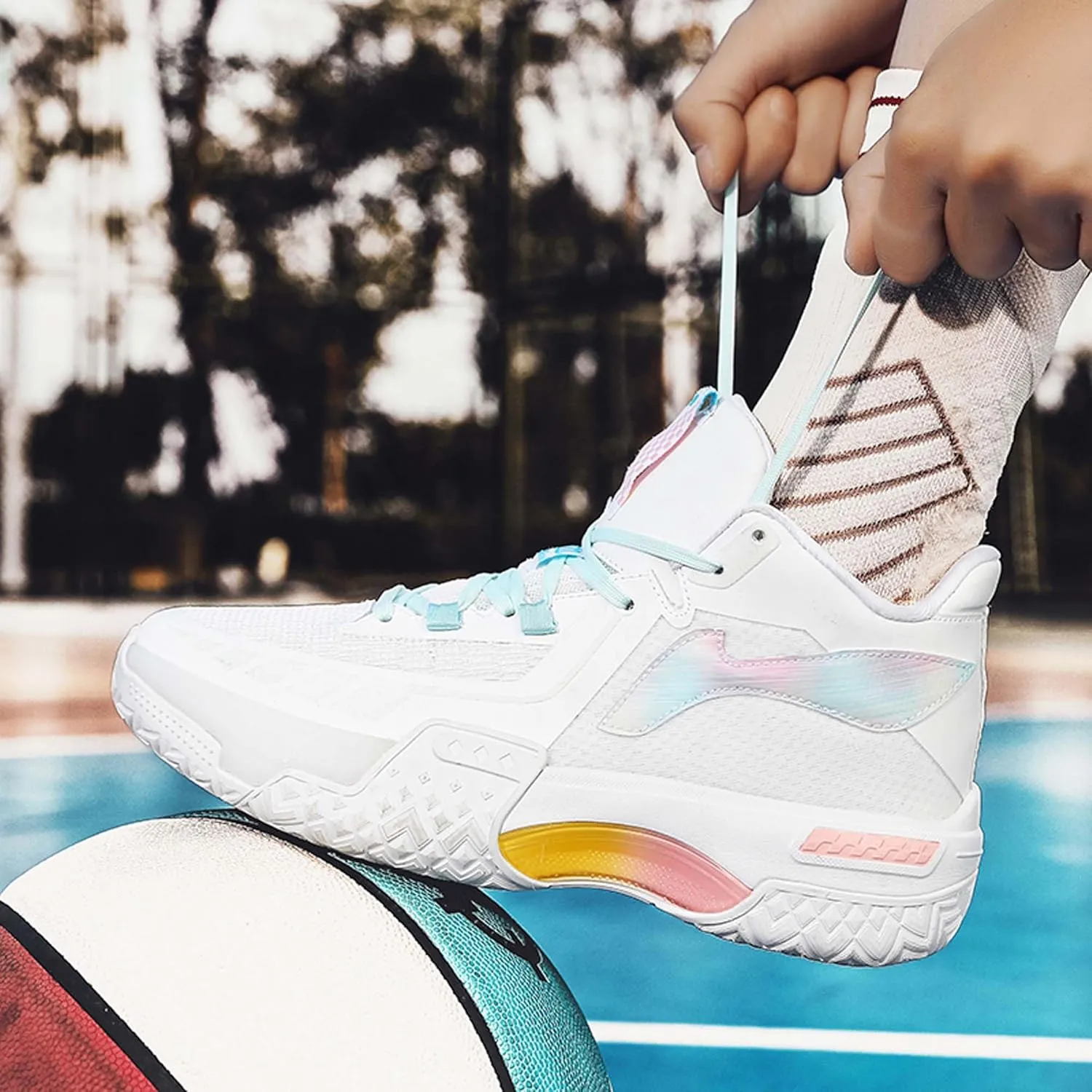 Men's Fluorescent Basketball Shoes Teenage Arch Support Fashion Sneakers Women's Anti-Slip Lightweight Sports High Top Basketball Running Fitness Tennis Athletic Shoes