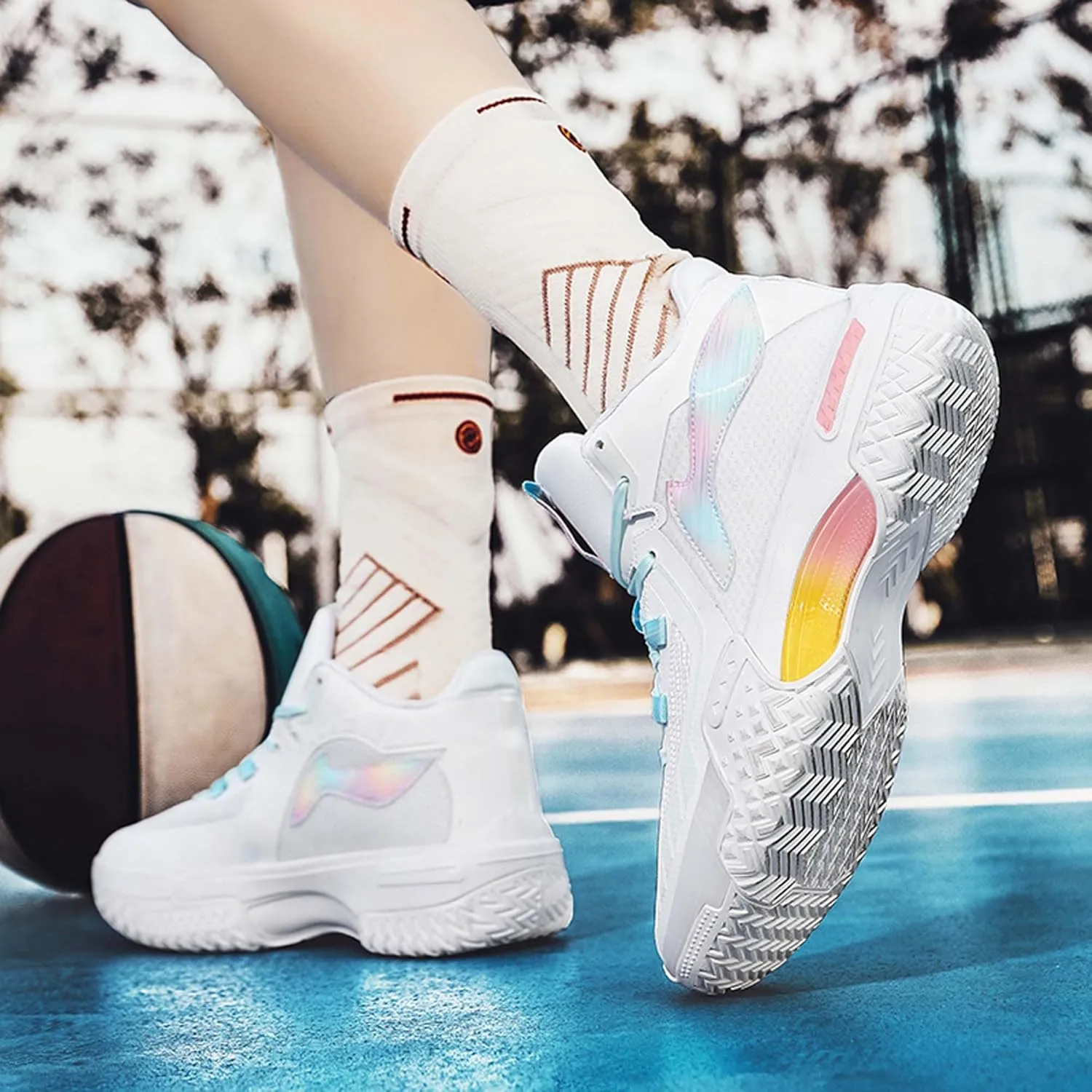 Men's Fluorescent Basketball Shoes Teenage Arch Support Fashion Sneakers Women's Anti-Slip Lightweight Sports High Top Basketball Running Fitness Tennis Athletic Shoes
