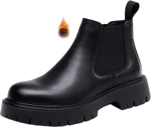 Men's Genuine Leather Slip On Chunky Platform Chelsea Boots Luxury Round Toe Lug Sole Work Dress Boots Casual Non Slip Ankle Boots