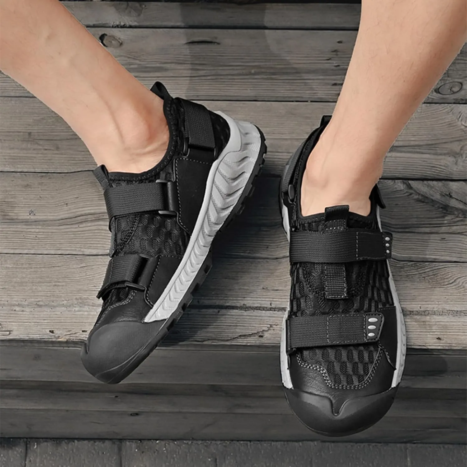 Men's Hook&Loop Breathable Splicing Mesh Sport Sandals,Summer Comfy Leather Slip-On Non-Slip Sports Beach Hiking Fisherman Sandals Casual Walking Sneakers