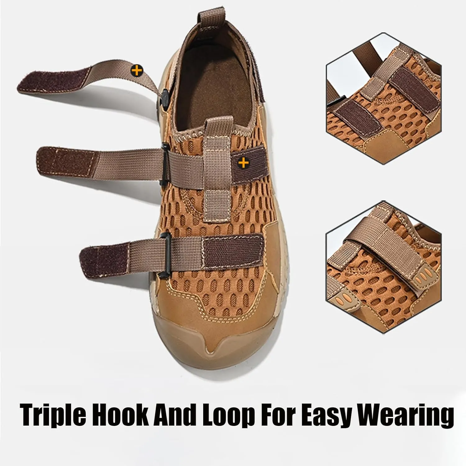 Men's Hook&Loop Breathable Splicing Mesh Sport Sandals,Summer Comfy Leather Slip-On Non-Slip Sports Beach Hiking Fisherman Sandals Casual Walking Sneakers