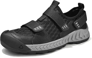 Men's Hook&Loop Breathable Splicing Mesh Sport Sandals,Summer Comfy Leather Slip-On Non-Slip Sports Beach Hiking Fisherman Sandals Casual Walking Sneakers