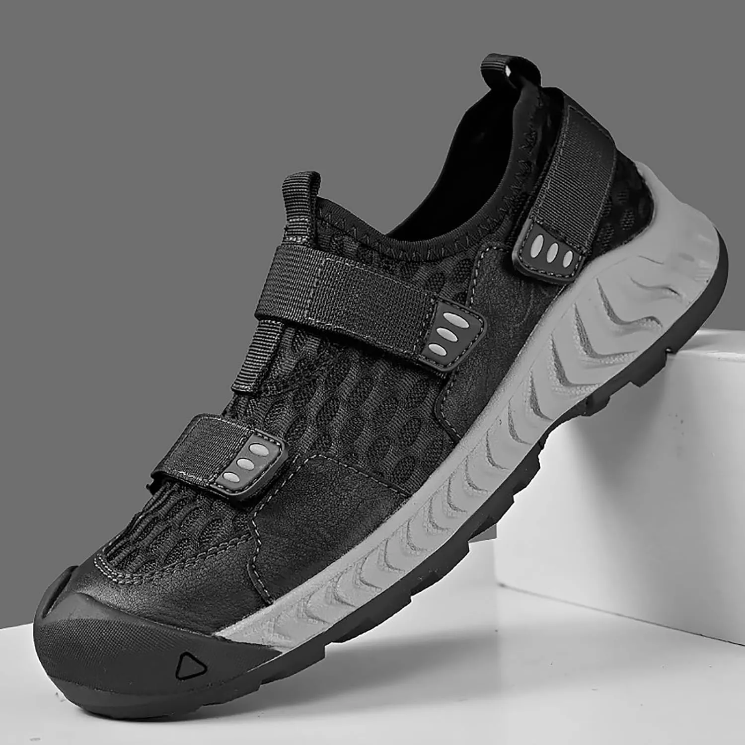 Men's Hook&Loop Breathable Splicing Mesh Sport Sandals,Summer Comfy Leather Slip-On Non-Slip Sports Beach Hiking Fisherman Sandals Casual Walking Sneakers