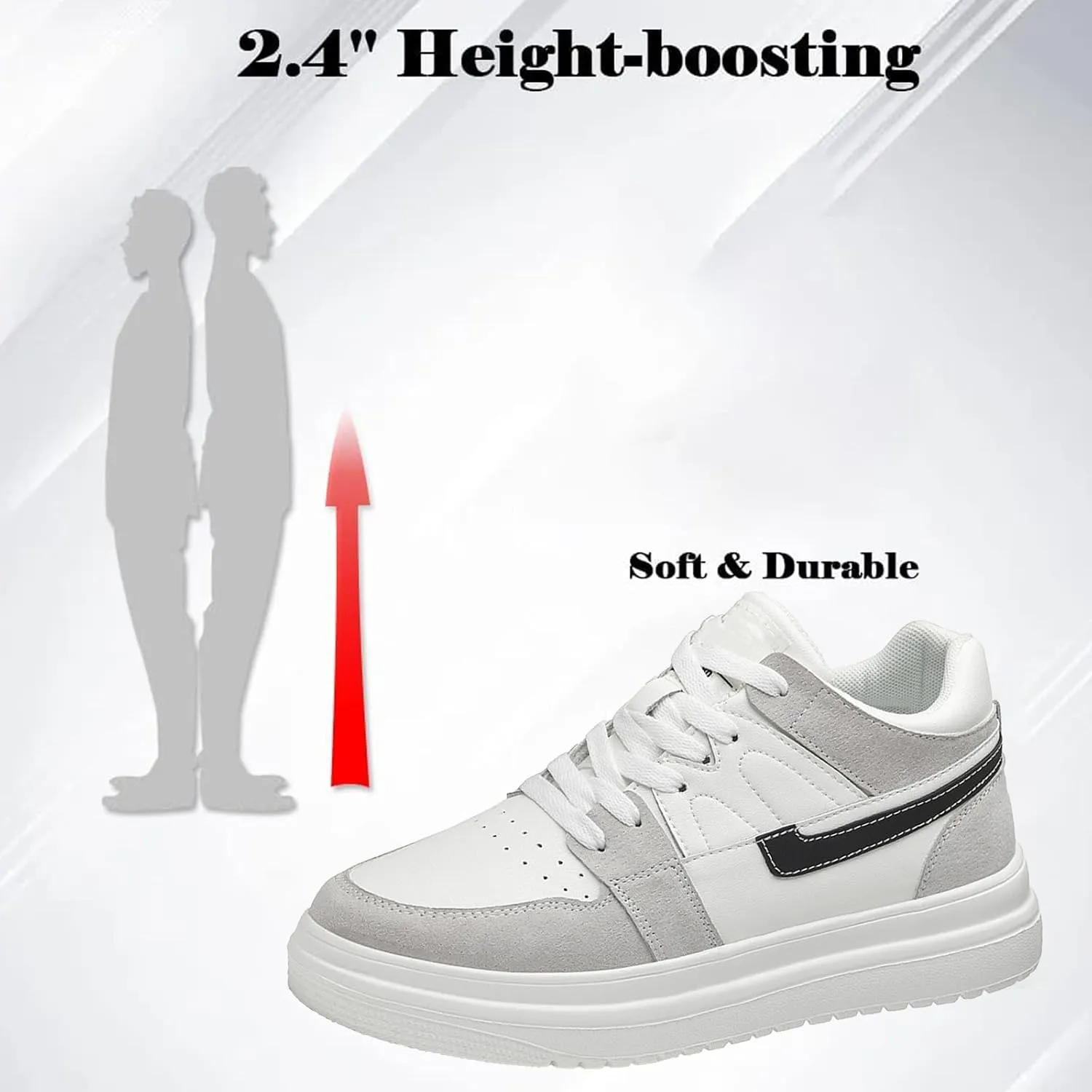 Men's Leather 2.4'' Invisible Height Increasing Fashion Sneakers Lace Up Low top Lightweight Breathable Comfortable Non Slip Hidden Heel Lifting Elevator Platform Sport Walking Shoes