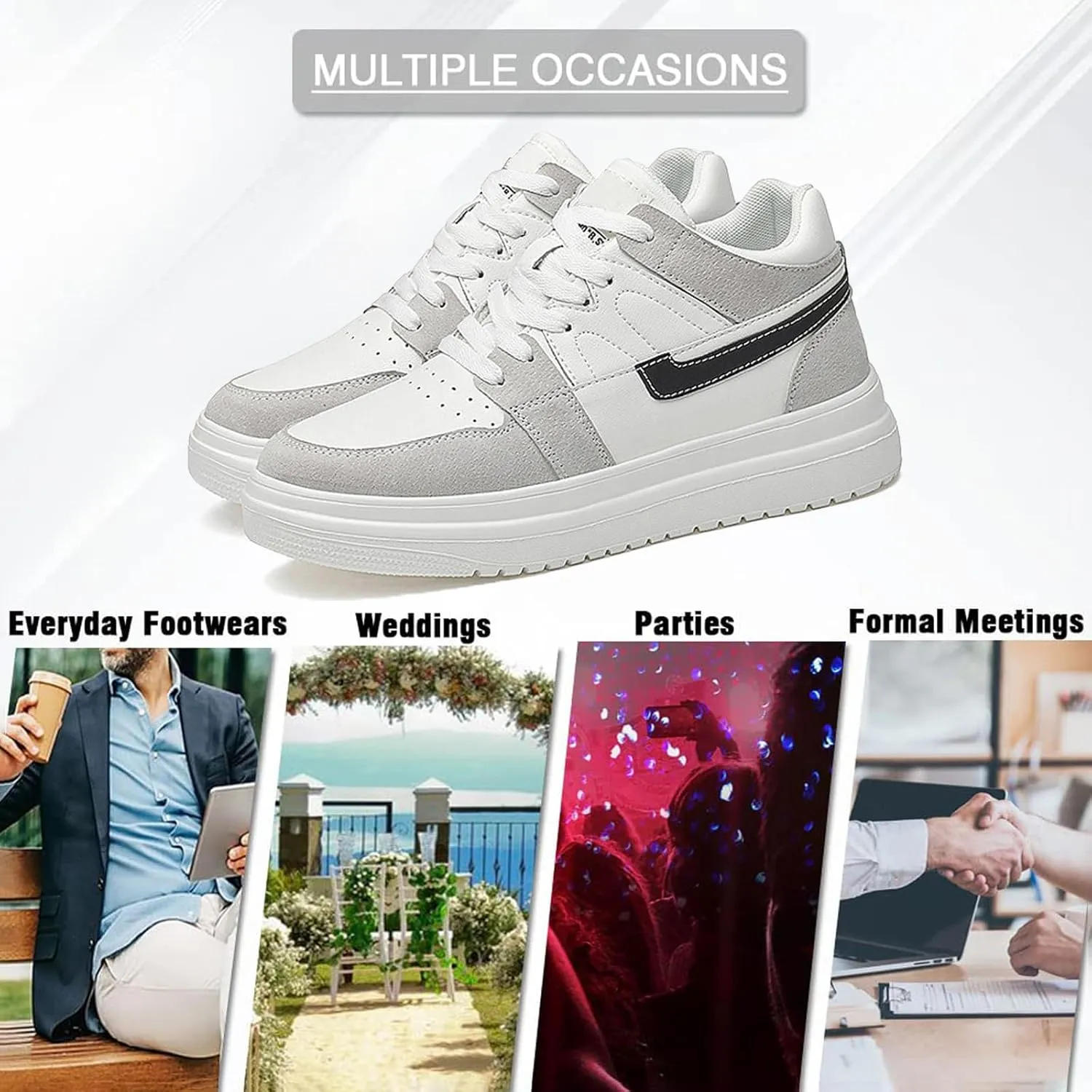 Men's Leather 2.4'' Invisible Height Increasing Fashion Sneakers Lace Up Low top Lightweight Breathable Comfortable Non Slip Hidden Heel Lifting Elevator Platform Sport Walking Shoes