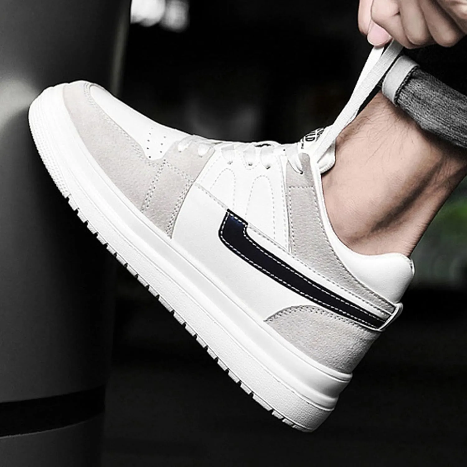 Men's Leather 2.4'' Invisible Height Increasing Fashion Sneakers Lace Up Low top Lightweight Breathable Comfortable Non Slip Hidden Heel Lifting Elevator Platform Sport Walking Shoes