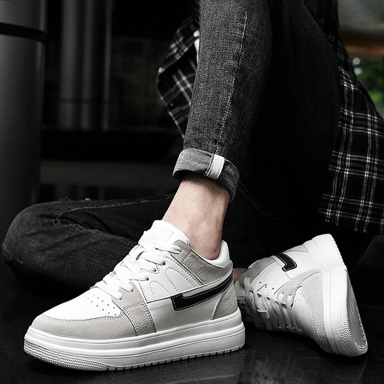 Men's Leather 2.4'' Invisible Height Increasing Fashion Sneakers Lace Up Low top Lightweight Breathable Comfortable Non Slip Hidden Heel Lifting Elevator Platform Sport Walking Shoes