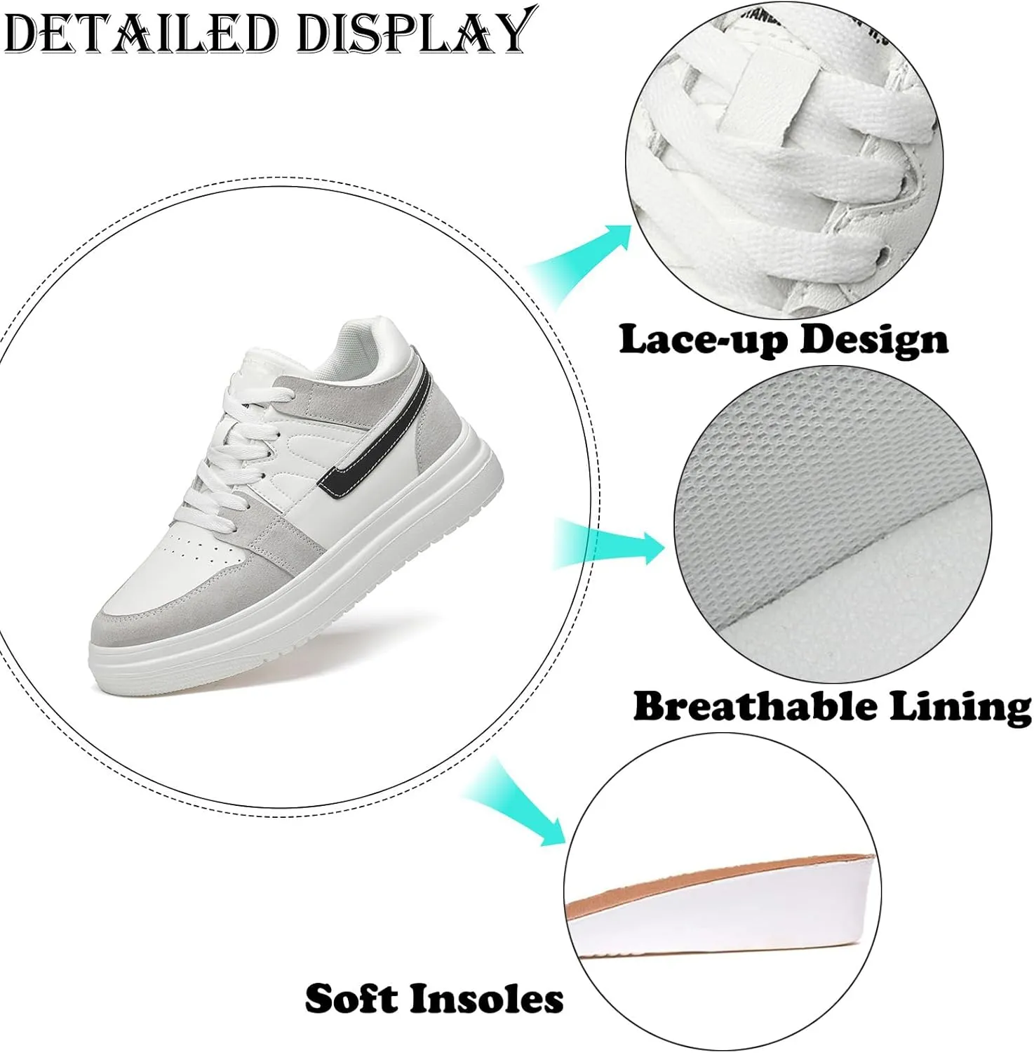 Men's Leather 2.4'' Invisible Height Increasing Fashion Sneakers Lace Up Low top Lightweight Breathable Comfortable Non Slip Hidden Heel Lifting Elevator Platform Sport Walking Shoes