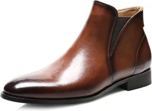 Men's Leather Chelsea Dress Boots with Side Zipper Classic Elastic Comfortable Chunky Heel Chukka Ankle Boots for Business Driving Office Walking Boots