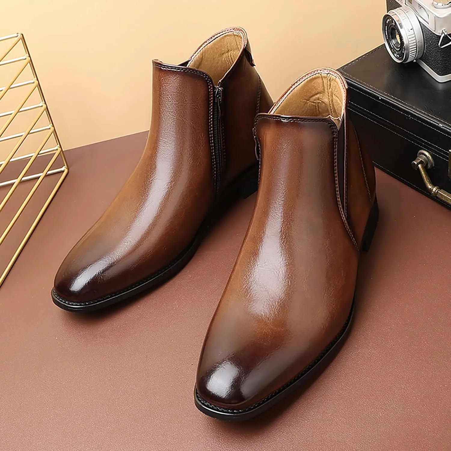 Men's Leather Chelsea Dress Boots with Side Zipper Classic Elastic Comfortable Chunky Heel Chukka Ankle Boots for Business Driving Office Walking Boots