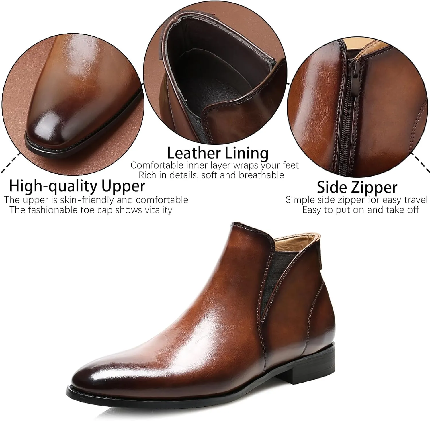 Men's Leather Chelsea Dress Boots with Side Zipper Classic Elastic Comfortable Chunky Heel Chukka Ankle Boots for Business Driving Office Walking Boots