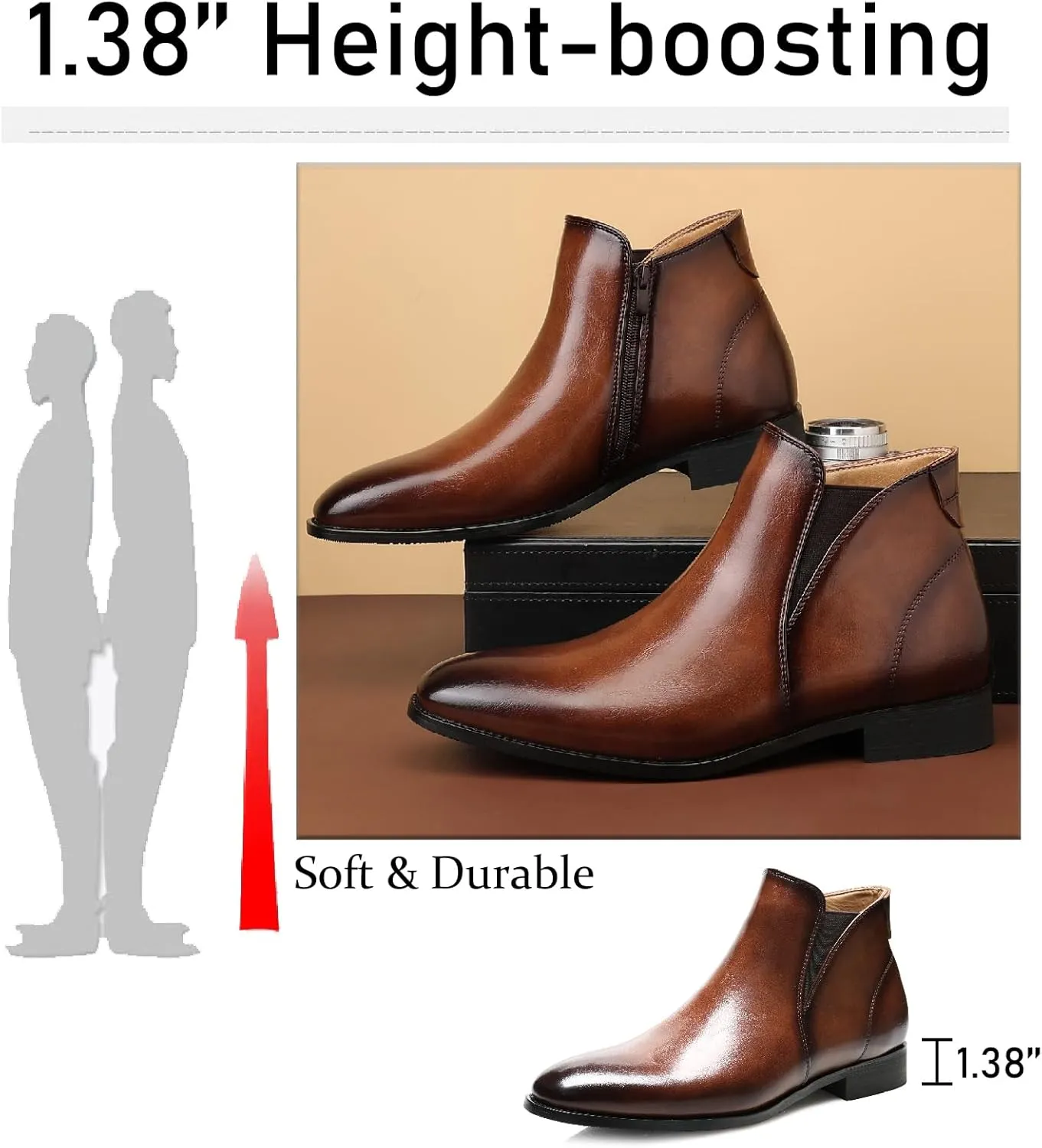 Men's Leather Chelsea Dress Boots with Side Zipper Classic Elastic Comfortable Chunky Heel Chukka Ankle Boots for Business Driving Office Walking Boots