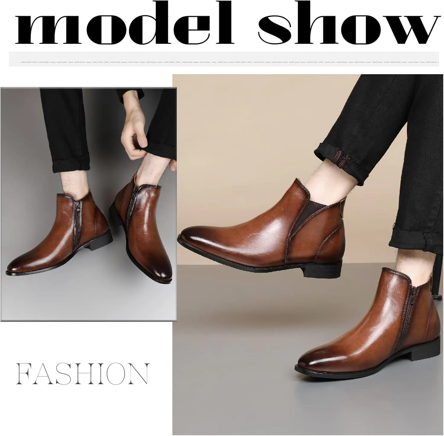 Men's Leather Chelsea Dress Boots with Side Zipper Classic Elastic Comfortable Chunky Heel Chukka Ankle Boots for Business Driving Office Walking Boots