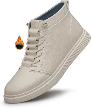 Men's Leather Embossed Flat High-Top Sneakers Autumn Plus Velvet Comfortable Warm Flat Non-Slip Lace-Up Chukka Boots Simple Fashion Walking Sports