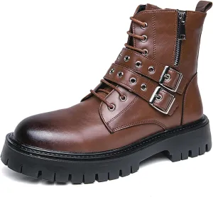 Men's Leather Platform Chukka Boots with Side Zipper Fashion Buckle Straps Non-slip Lug Sole Block Heel Lace Up Combat Booties Punk Biker Motorcycle Short Boots