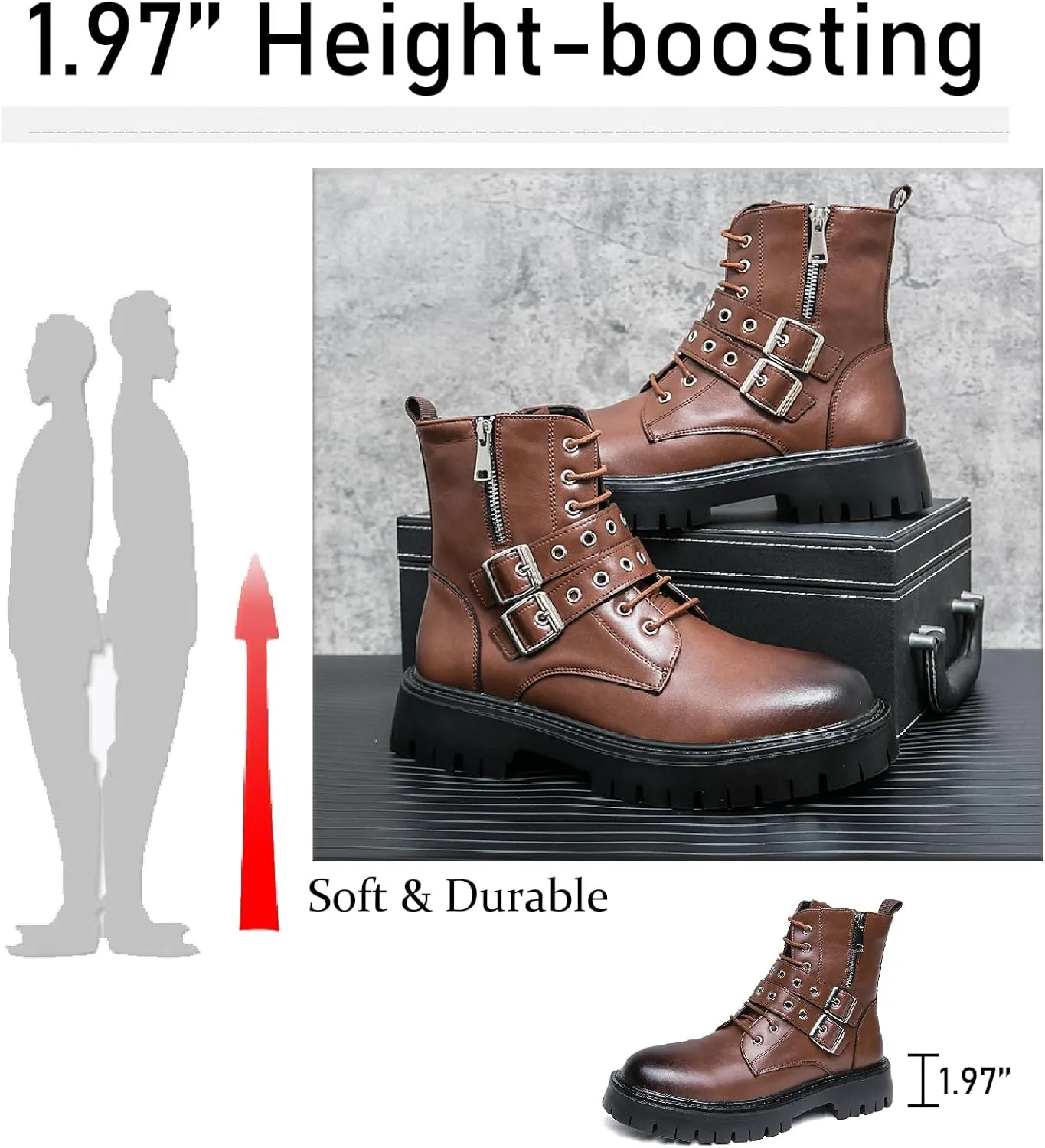 Men's Leather Platform Chukka Boots with Side Zipper Fashion Buckle Straps Non-slip Lug Sole Block Heel Lace Up Combat Booties Punk Biker Motorcycle Short Boots
