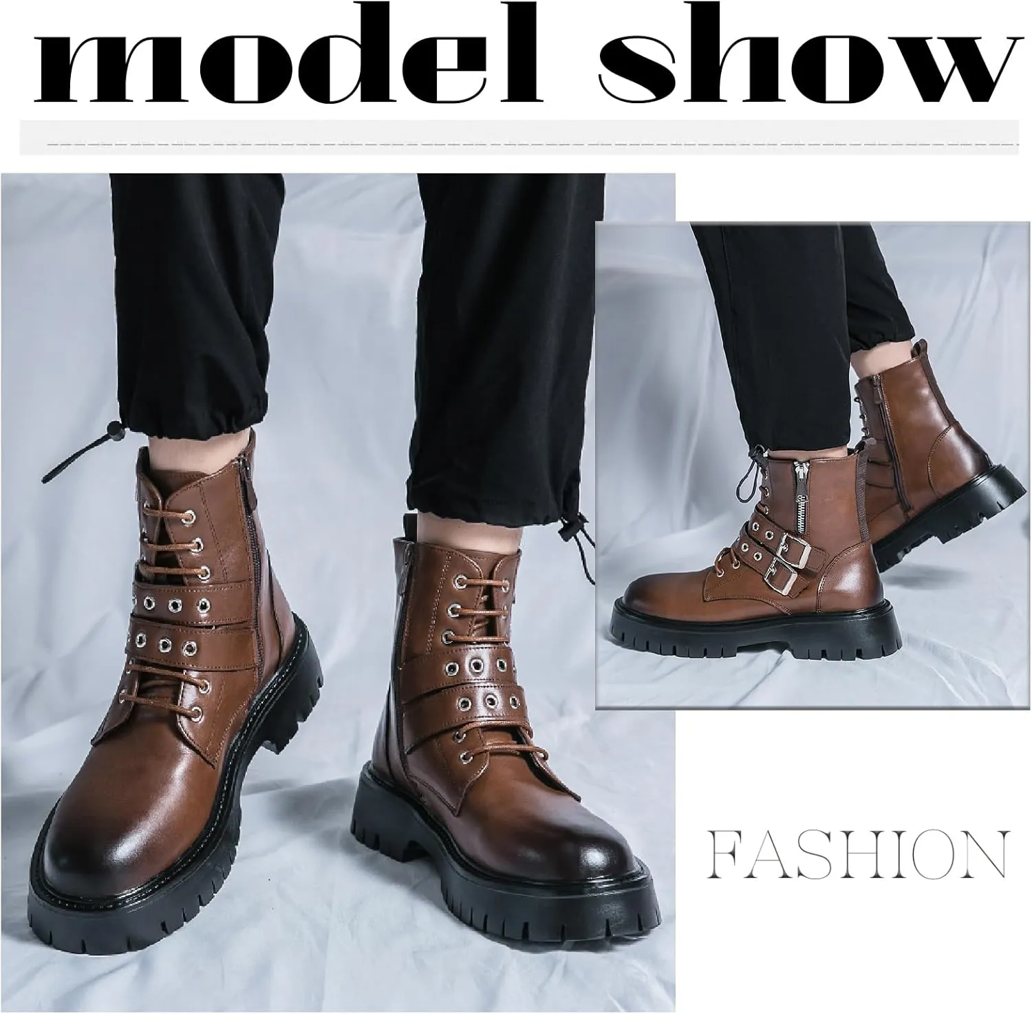 Men's Leather Platform Chukka Boots with Side Zipper Fashion Buckle Straps Non-slip Lug Sole Block Heel Lace Up Combat Booties Punk Biker Motorcycle Short Boots