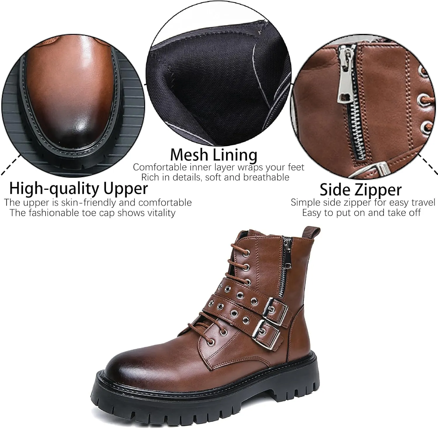 Men's Leather Platform Chukka Boots with Side Zipper Fashion Buckle Straps Non-slip Lug Sole Block Heel Lace Up Combat Booties Punk Biker Motorcycle Short Boots