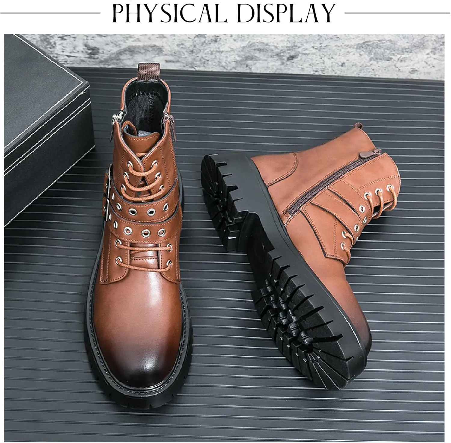 Men's Leather Platform Chukka Boots with Side Zipper Fashion Buckle Straps Non-slip Lug Sole Block Heel Lace Up Combat Booties Punk Biker Motorcycle Short Boots