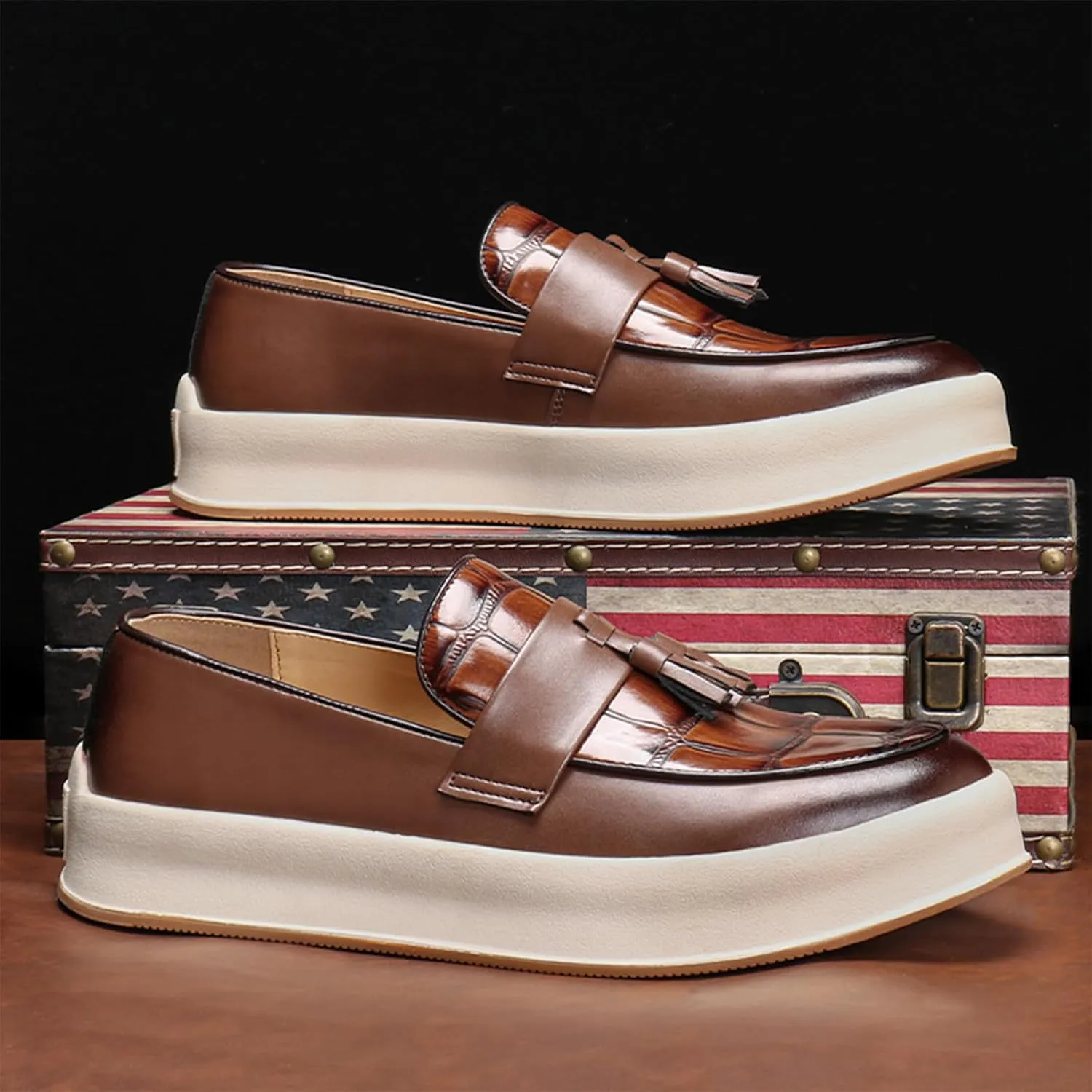 Men's Leather Platform Slip On Tassel Loafers Round Toe Low Top Comfort Non-Slip Luxury Dress Shoes Casual Formal Business Work Penny Loafers