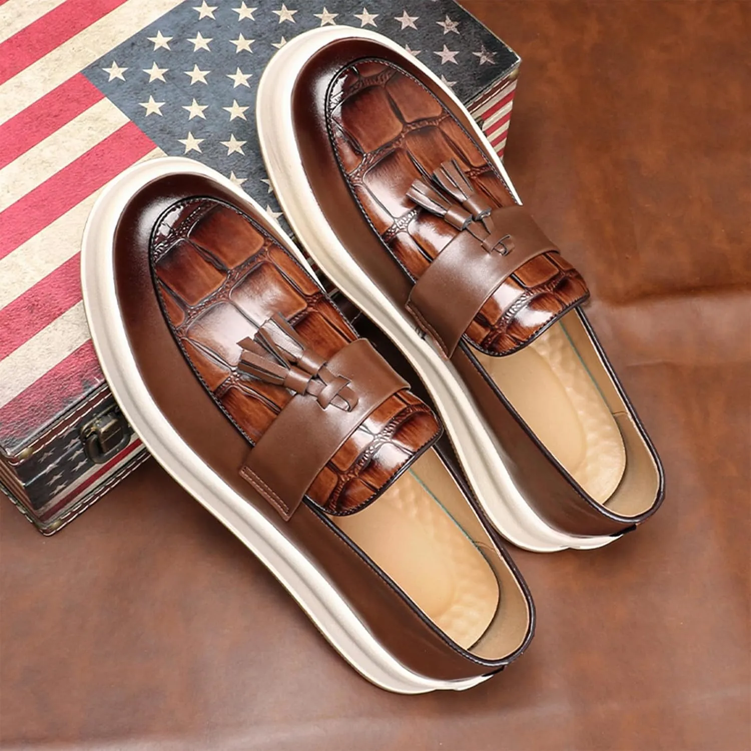 Men's Leather Platform Slip On Tassel Loafers Round Toe Low Top Comfort Non-Slip Luxury Dress Shoes Casual Formal Business Work Penny Loafers