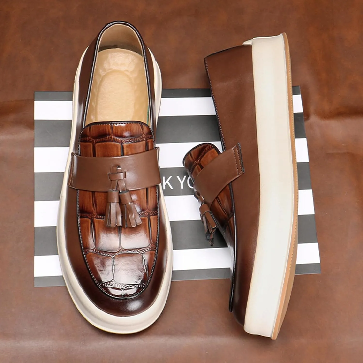 Men's Leather Platform Slip On Tassel Loafers Round Toe Low Top Comfort Non-Slip Luxury Dress Shoes Casual Formal Business Work Penny Loafers