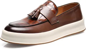 Men's Leather Platform Slip On Tassel Loafers Round Toe Low Top Comfort Non-Slip Luxury Dress Shoes Casual Formal Business Work Penny Loafers