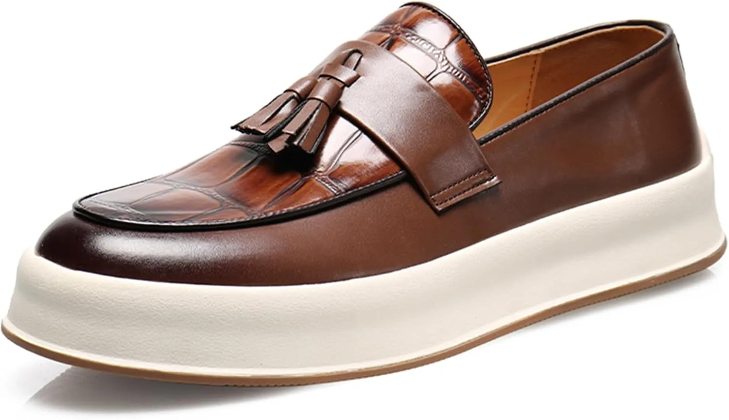 Men's Leather Platform Slip On Tassel Loafers Round Toe Low Top Comfort Non-Slip Luxury Dress Shoes Casual Formal Business Work Penny Loafers