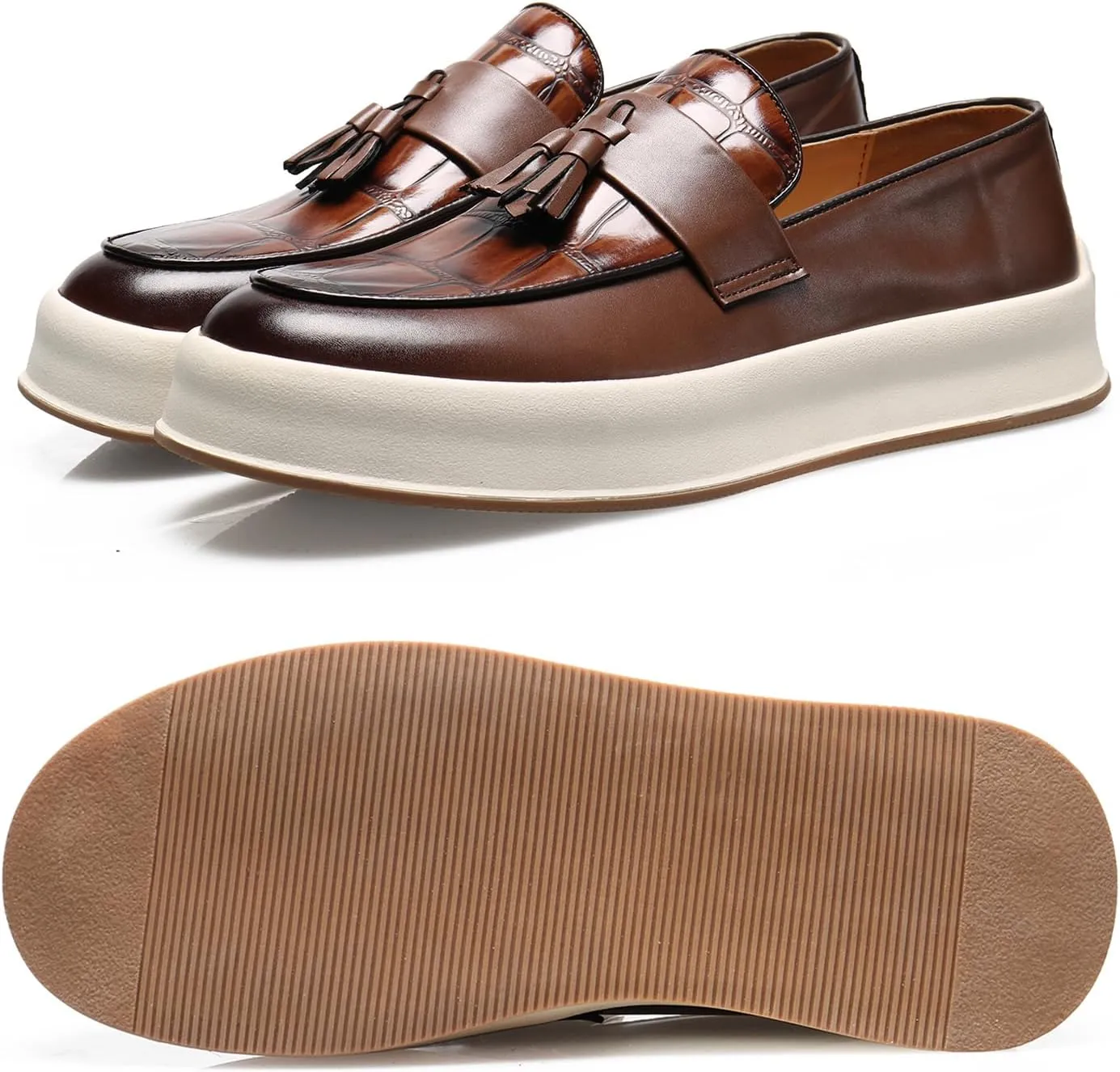 Men's Leather Platform Slip On Tassel Loafers Round Toe Low Top Comfort Non-Slip Luxury Dress Shoes Casual Formal Business Work Penny Loafers