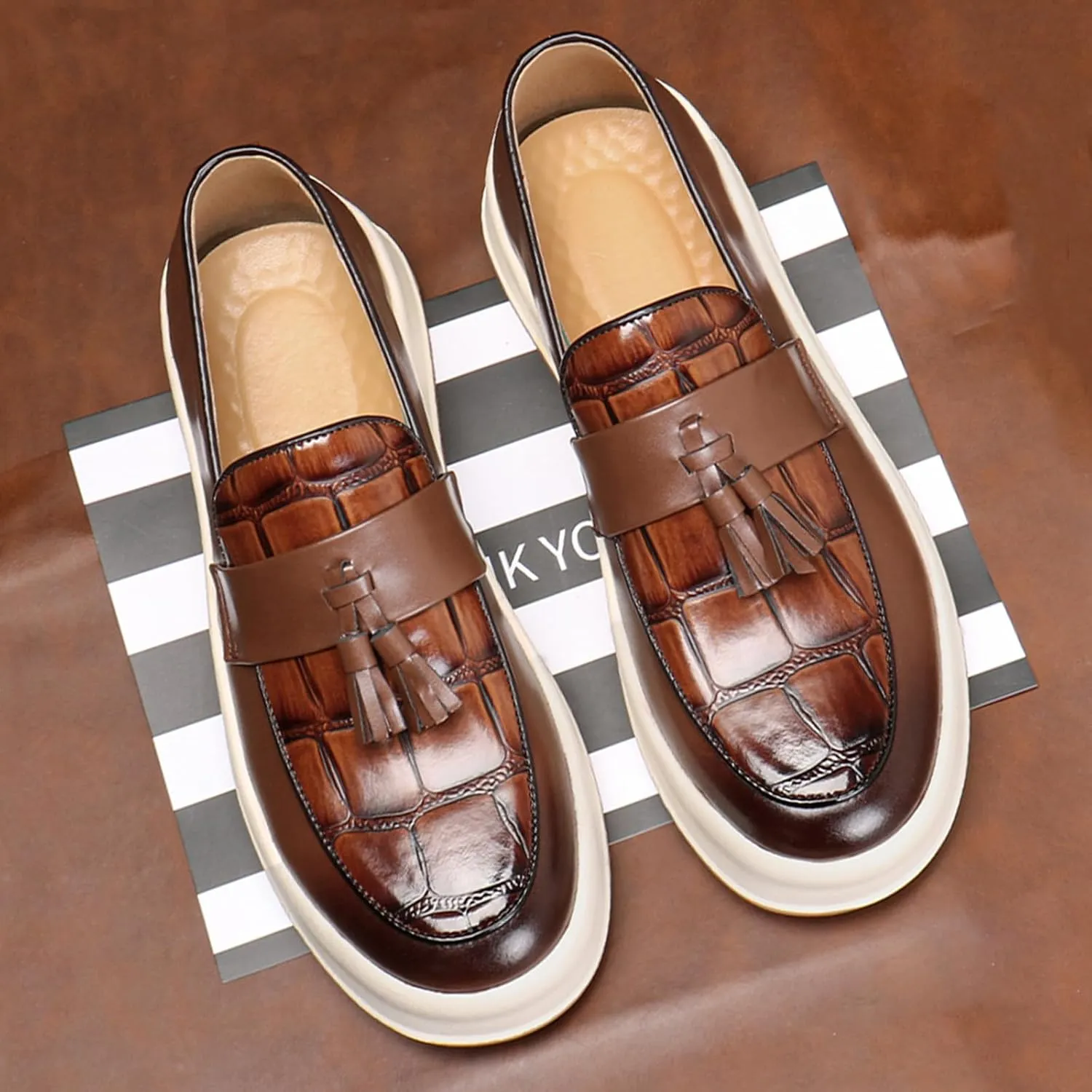 Men's Leather Platform Slip On Tassel Loafers Round Toe Low Top Comfort Non-Slip Luxury Dress Shoes Casual Formal Business Work Penny Loafers