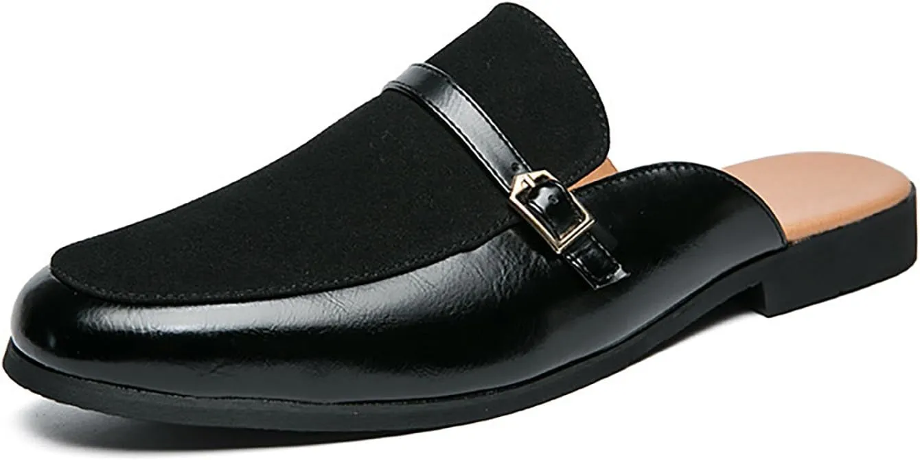Men'S Leather Splicing Low Chunky Heel Clog Mules sandals With Adjustable Buckle fashion Velvet Comfortable Slip-On Flat slingback Half Dress Loafers Non-Slip Driving Business Smoking slippers