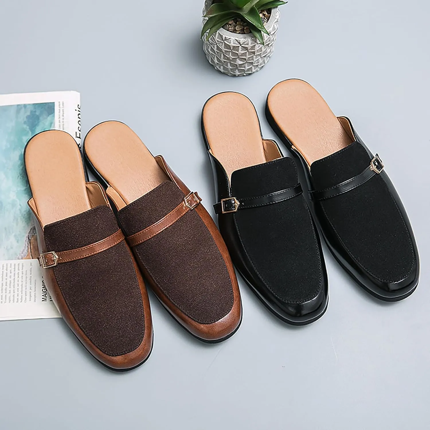 Men'S Leather Splicing Low Chunky Heel Clog Mules sandals With Adjustable Buckle fashion Velvet Comfortable Slip-On Flat slingback Half Dress Loafers Non-Slip Driving Business Smoking slippers