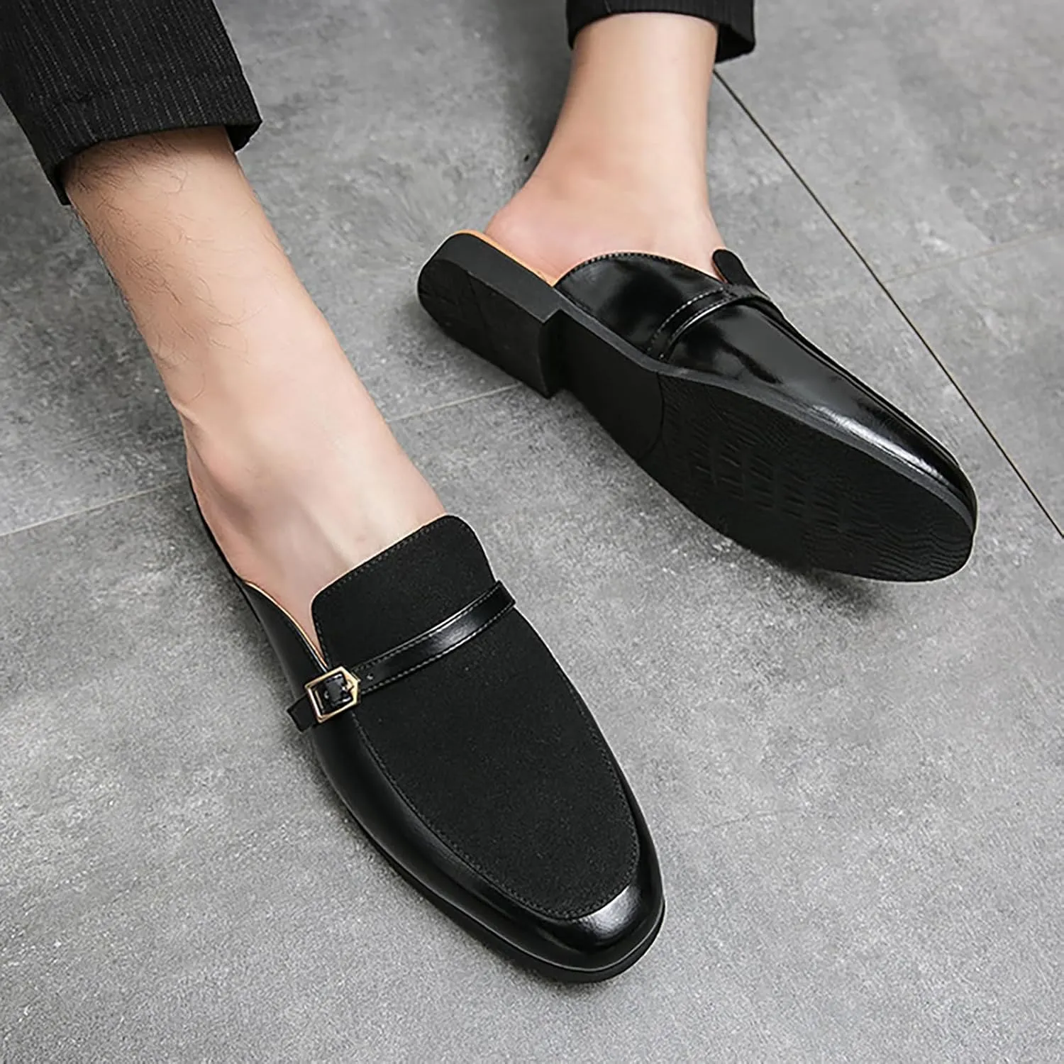 Men'S Leather Splicing Low Chunky Heel Clog Mules sandals With Adjustable Buckle fashion Velvet Comfortable Slip-On Flat slingback Half Dress Loafers Non-Slip Driving Business Smoking slippers