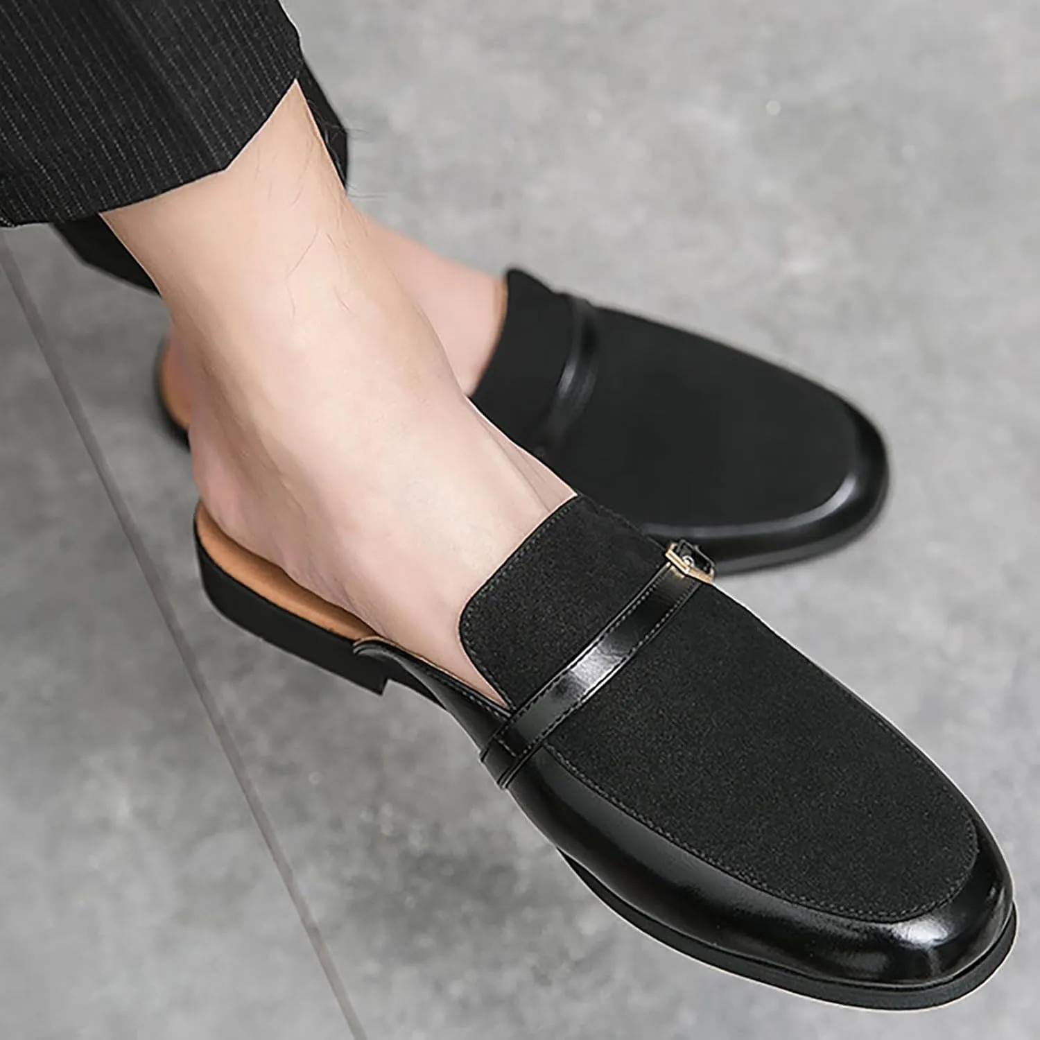 Men'S Leather Splicing Low Chunky Heel Clog Mules sandals With Adjustable Buckle fashion Velvet Comfortable Slip-On Flat slingback Half Dress Loafers Non-Slip Driving Business Smoking slippers