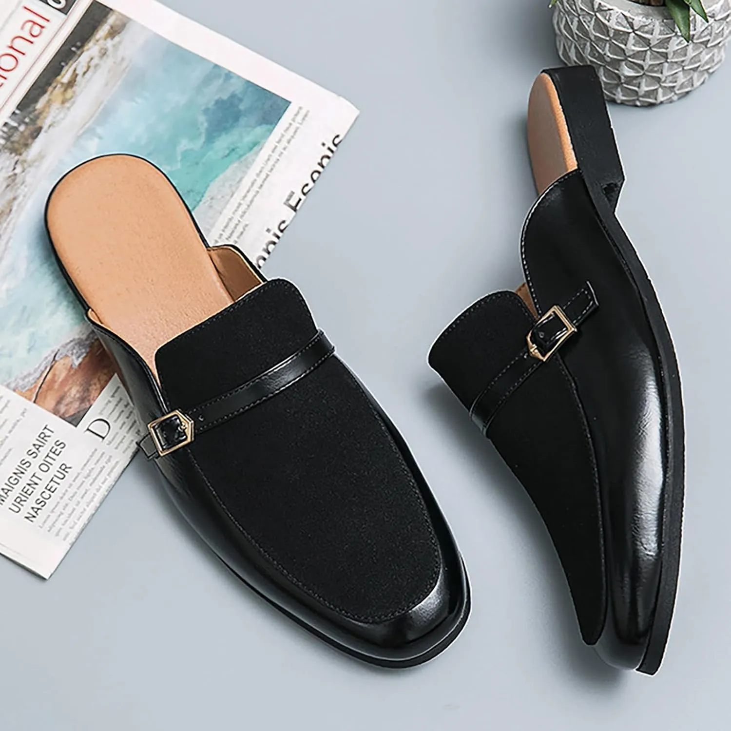 Men'S Leather Splicing Low Chunky Heel Clog Mules sandals With Adjustable Buckle fashion Velvet Comfortable Slip-On Flat slingback Half Dress Loafers Non-Slip Driving Business Smoking slippers