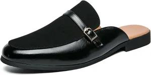 Men'S Leather Splicing Low Chunky Heel Clog Mules sandals With Adjustable Buckle fashion Velvet Comfortable Slip-On Flat slingback Half Dress Loafers Non-Slip Driving Business Smoking slippers