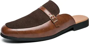 Men'S Leather Splicing Low Chunky Heel Clog Mules sandals With Adjustable Buckle fashion Velvet Comfortable Slip-On Flat slingback Half Dress Loafers Non-Slip Driving Business Smoking slippers