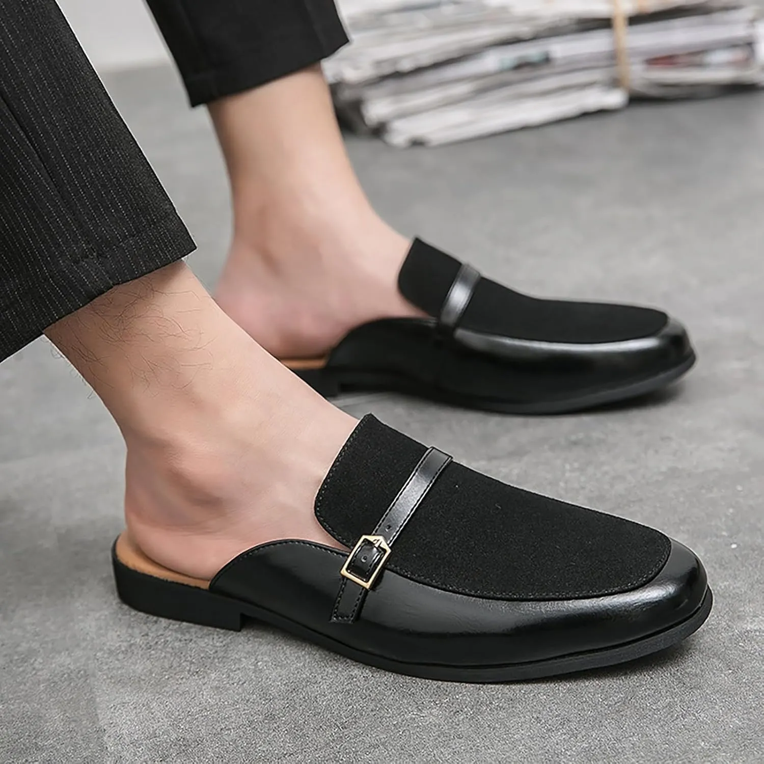 Men'S Leather Splicing Low Chunky Heel Clog Mules sandals With Adjustable Buckle fashion Velvet Comfortable Slip-On Flat slingback Half Dress Loafers Non-Slip Driving Business Smoking slippers