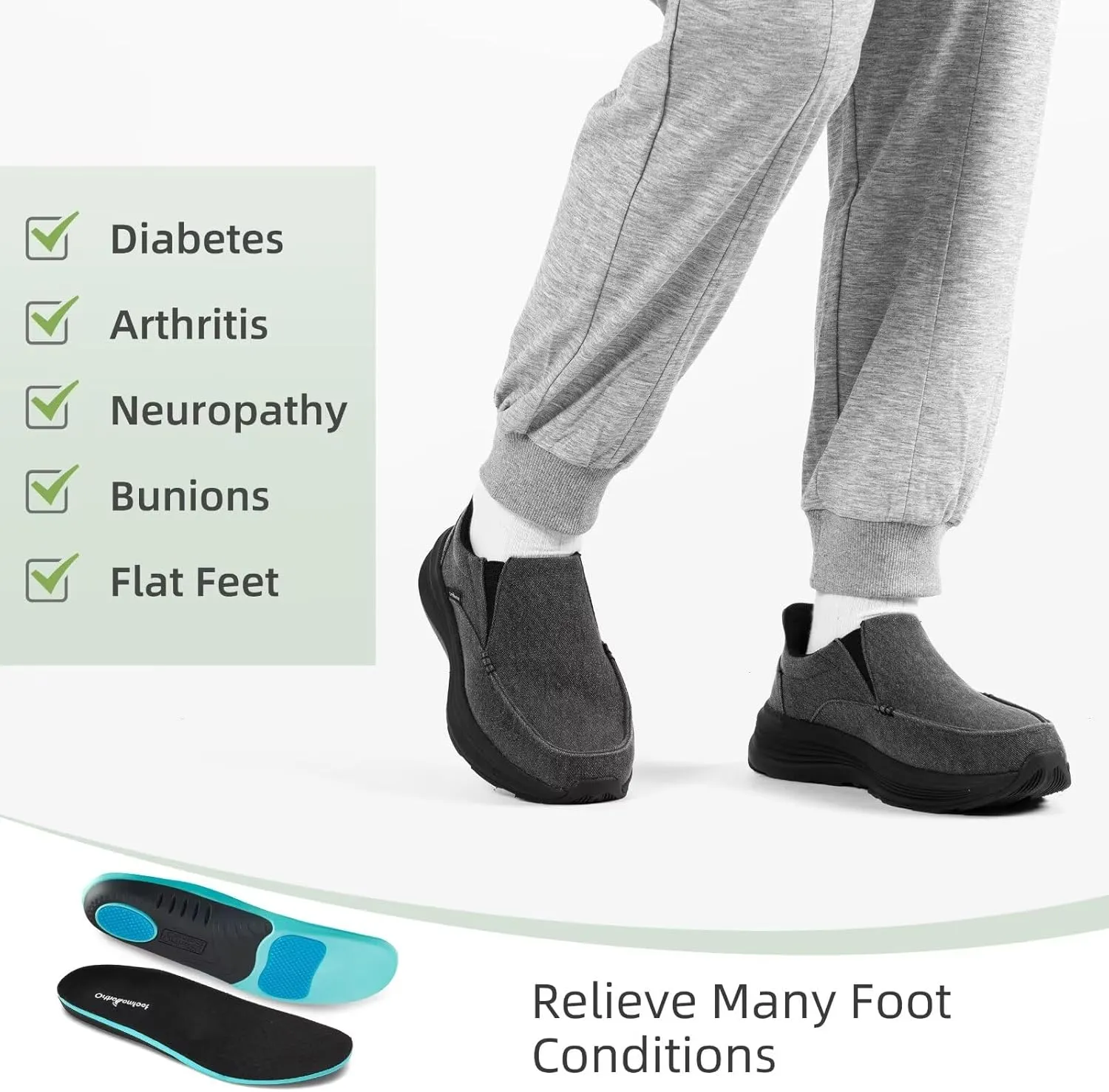 Men's Orthopedic Slip On Loafers with Arch Support: Comfortable Plantar Fasciitis Orthotic Shoes for Plantar Fasciitis, Canvas Thick Sole Walking Shoes for Foot and Heel Pain Relief