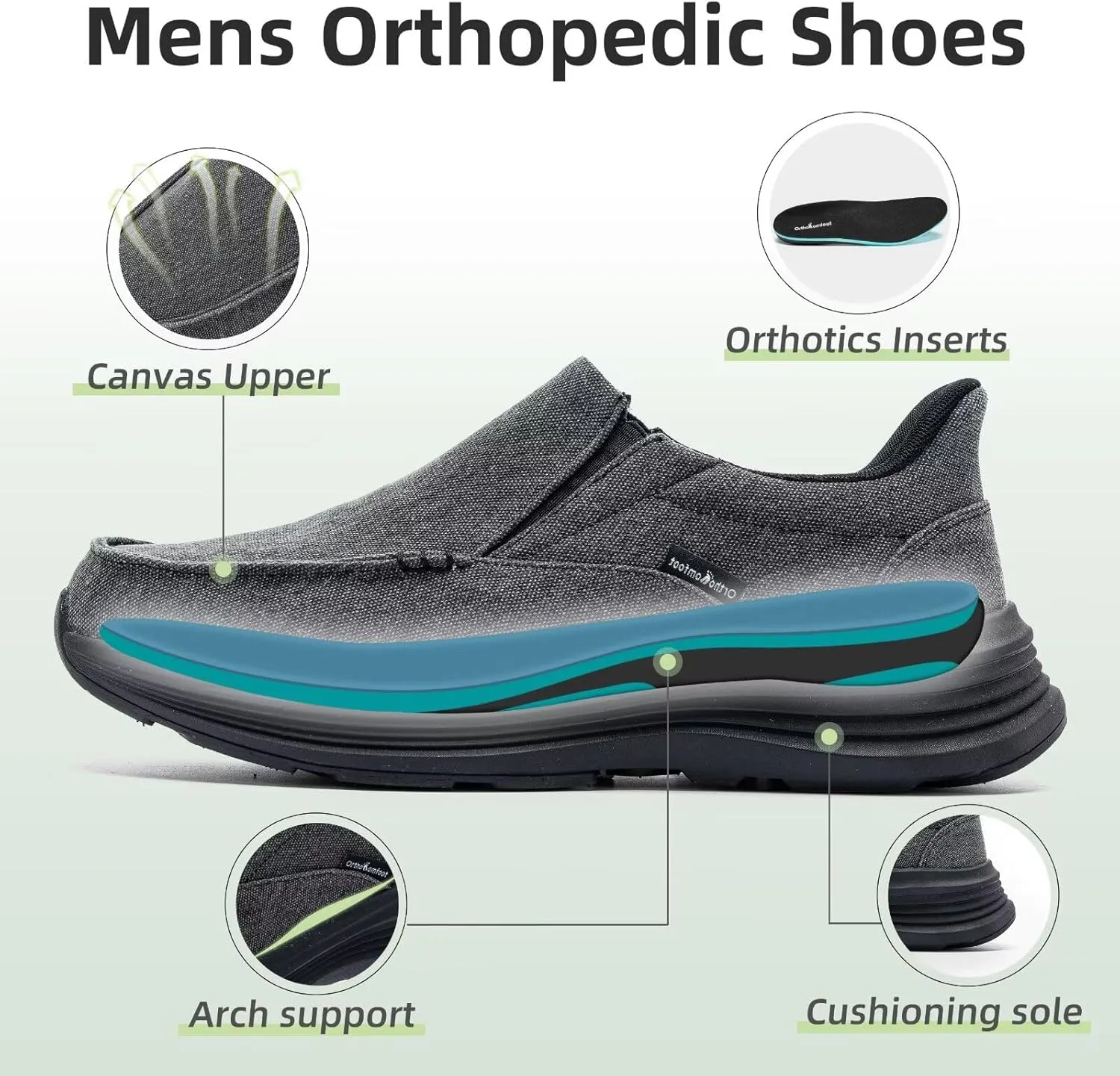 Men's Orthopedic Slip On Loafers with Arch Support: Comfortable Plantar Fasciitis Orthotic Shoes for Plantar Fasciitis, Canvas Thick Sole Walking Shoes for Foot and Heel Pain Relief