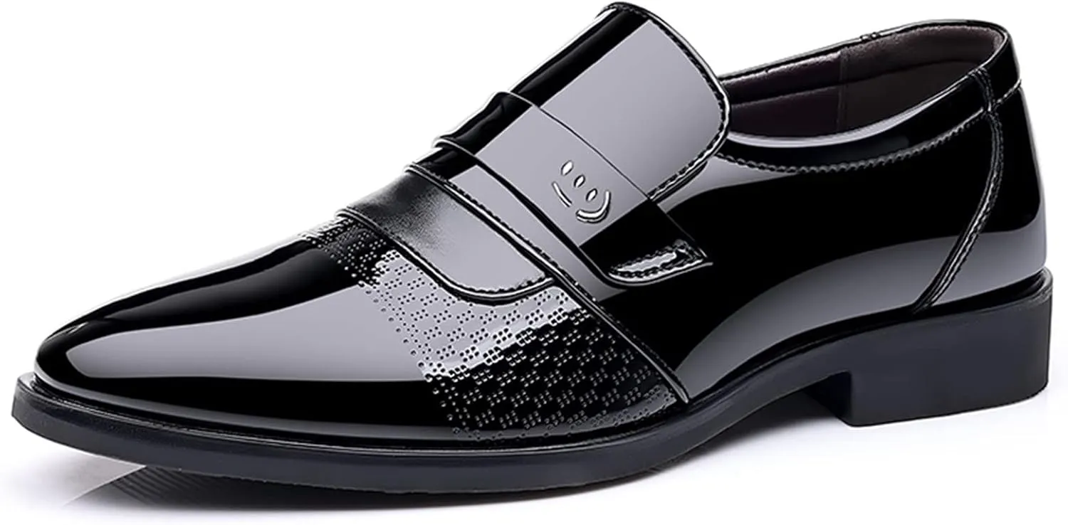 Mens Slip on Dress Shoes Patent Leather Shoes for Men with Arch Support Casual Dress Shoe Non Slip Business Formal Shoe Durbable Low Top Suit Boots Comfortable Office Footwear Man