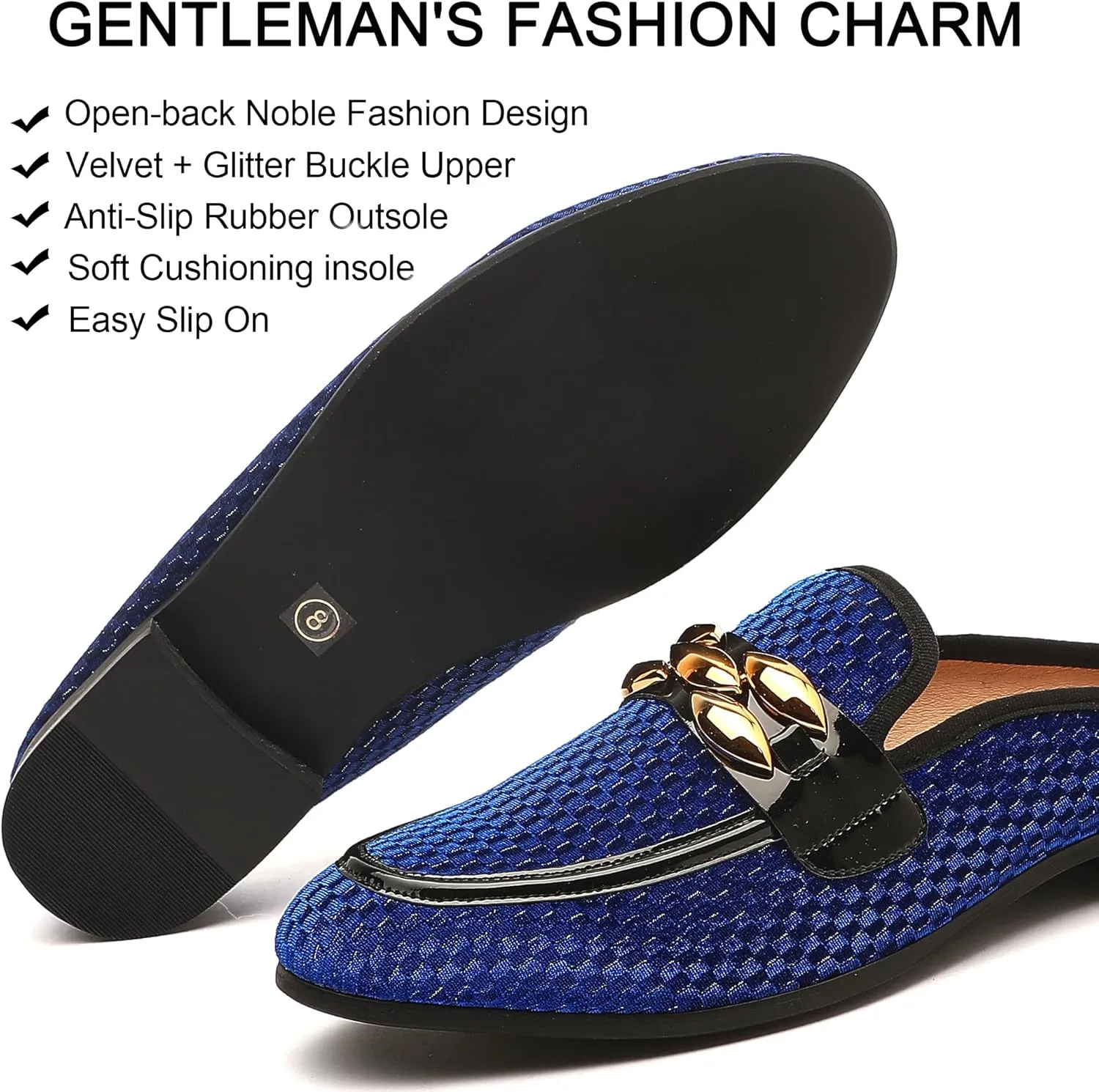 Men's Slip-on Mule Sandals Loafer with Gold Buckle,Fashion Leather Formal Wear Casual Backless Dress Slippers