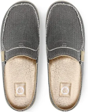 Mens Slippers with Arch Support, Canvas House Slipper for Men with Fuzzy Wool Insole and Velvet Lining, Slip on Clog House Shoes with Indoor Outdoor Anti-Skid Rubber Sole, Black