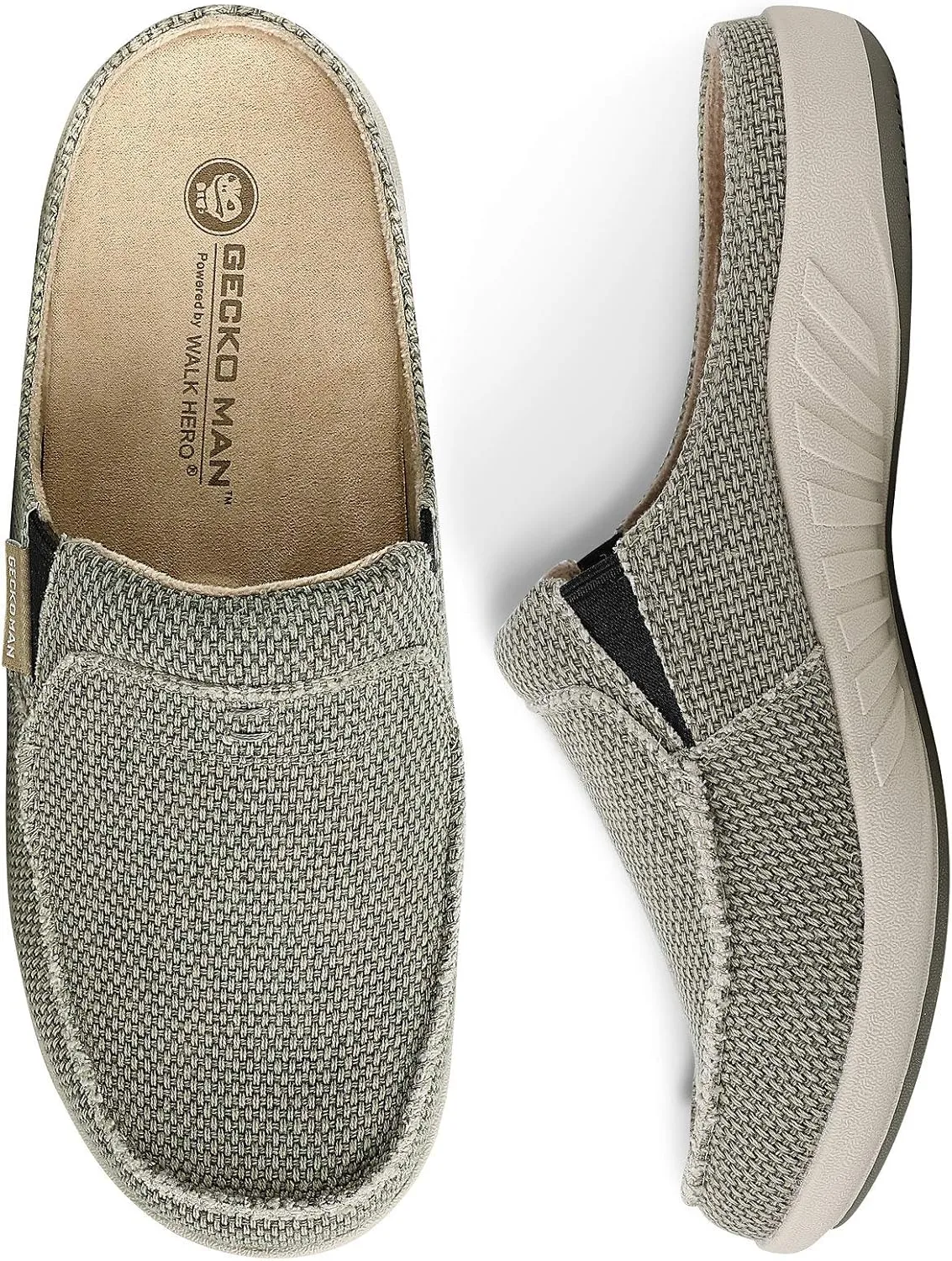 Mens Slippers with Arch Support, Canvas House Slipper for Men with Velvet Lining, Slip On Clog, Indoor Outdoor House Shoes with Anti-Skid Rubber Sole