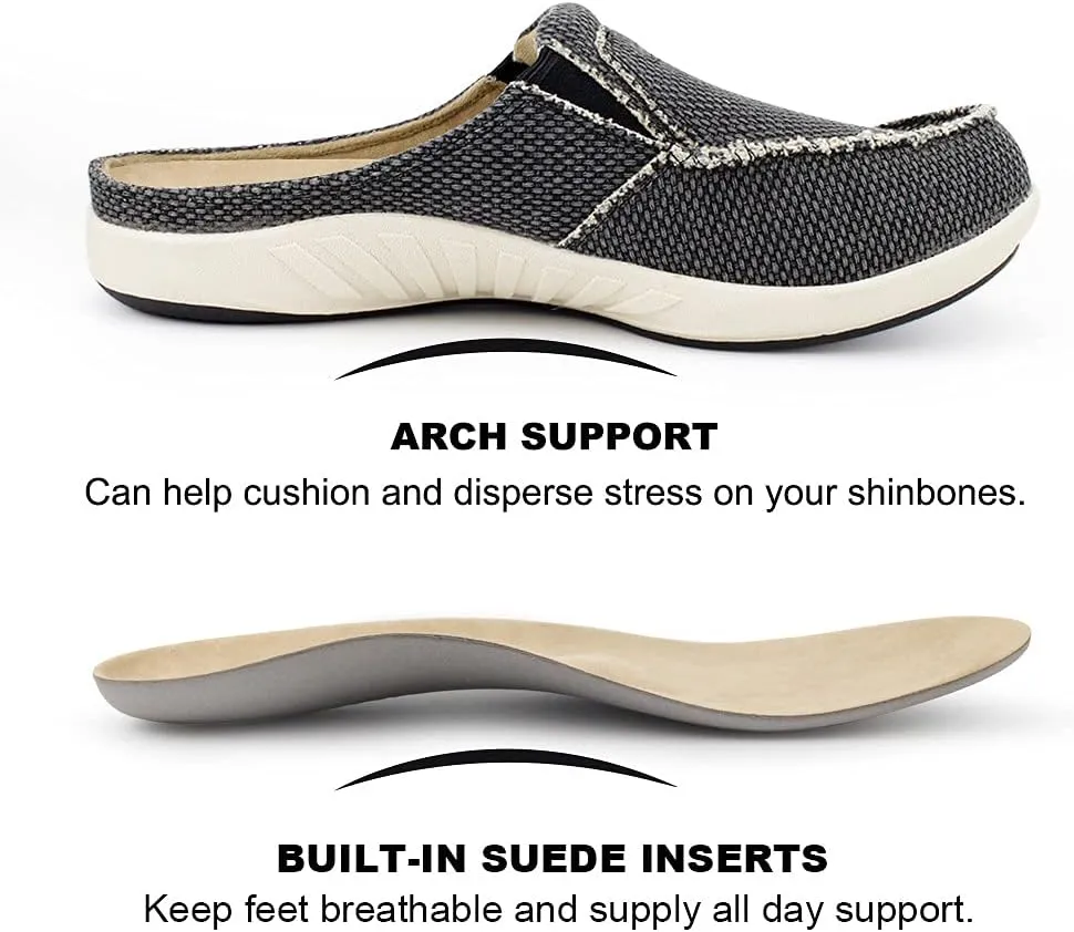 Mens Slippers with Arch Support, Canvas House Slipper for Men with Velvet Lining, Slip On Clog, Indoor Outdoor House Shoes with Anti-Skid Rubber Sole